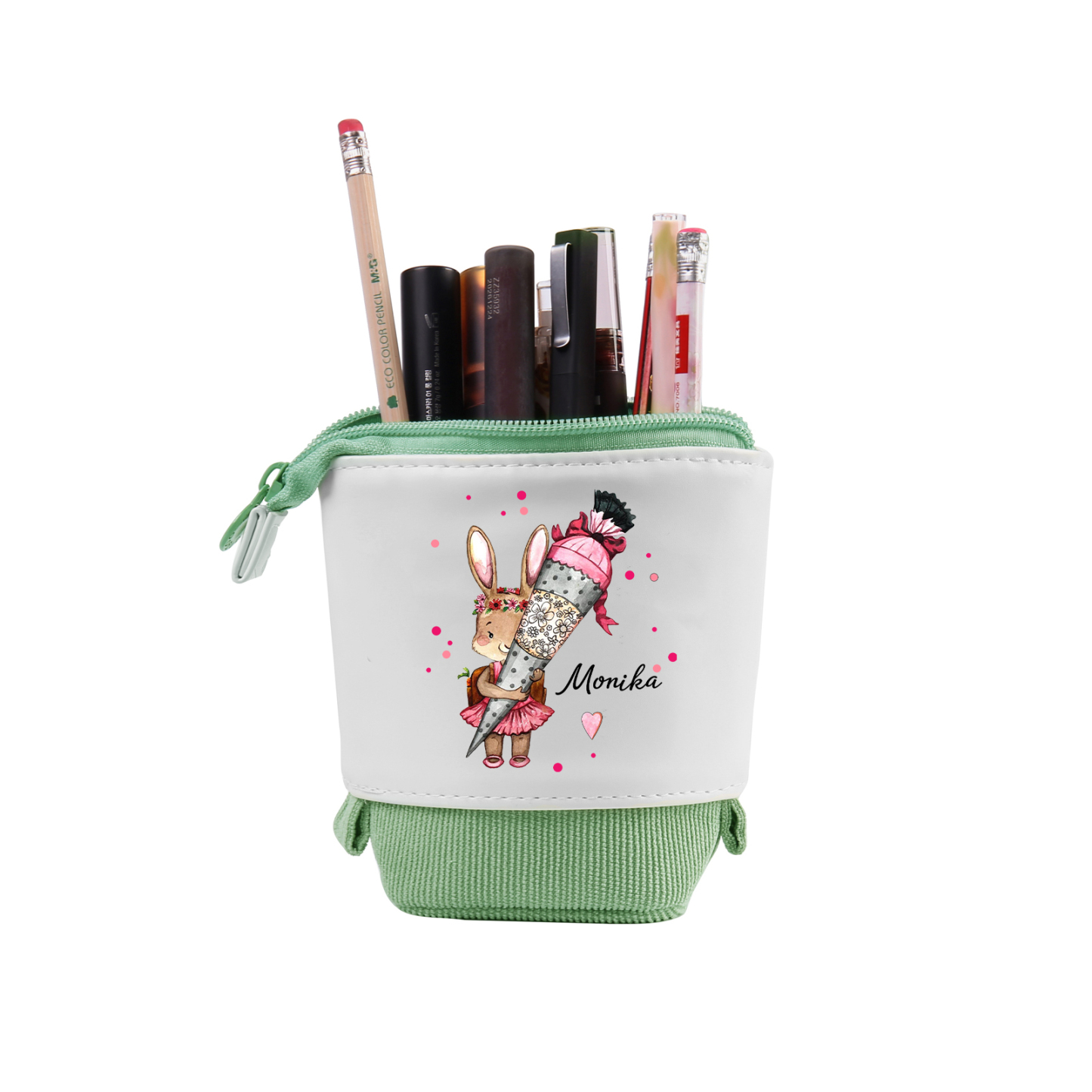 Estuche personalizado con nombre con diseños coloridos de conejo con mochila para niños