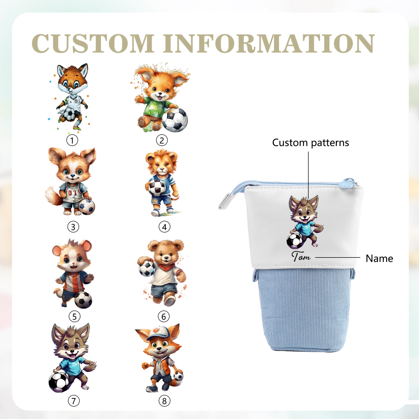 Estuche personalizado con nombre con diseños coloridos de fútbol para niños