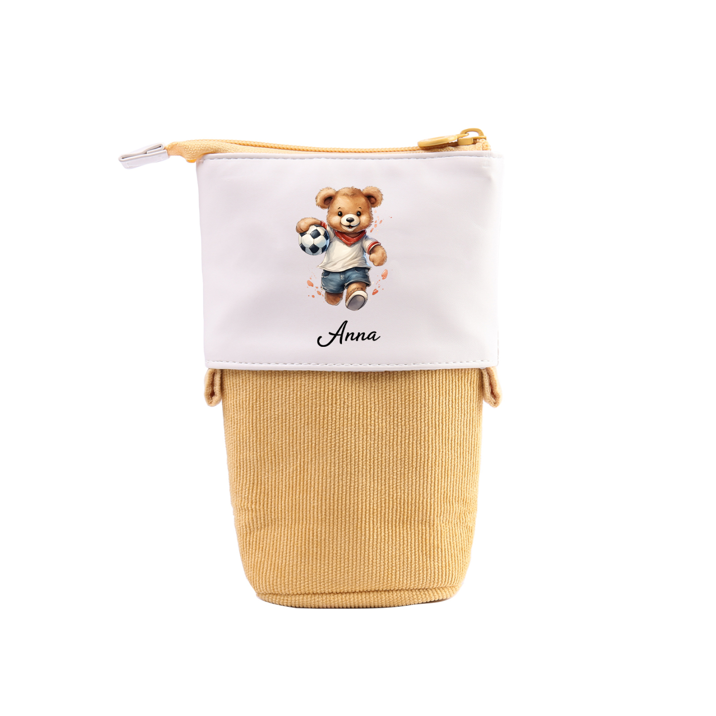 Estuche personalizado con nombre con diseños coloridos de fútbol para niños