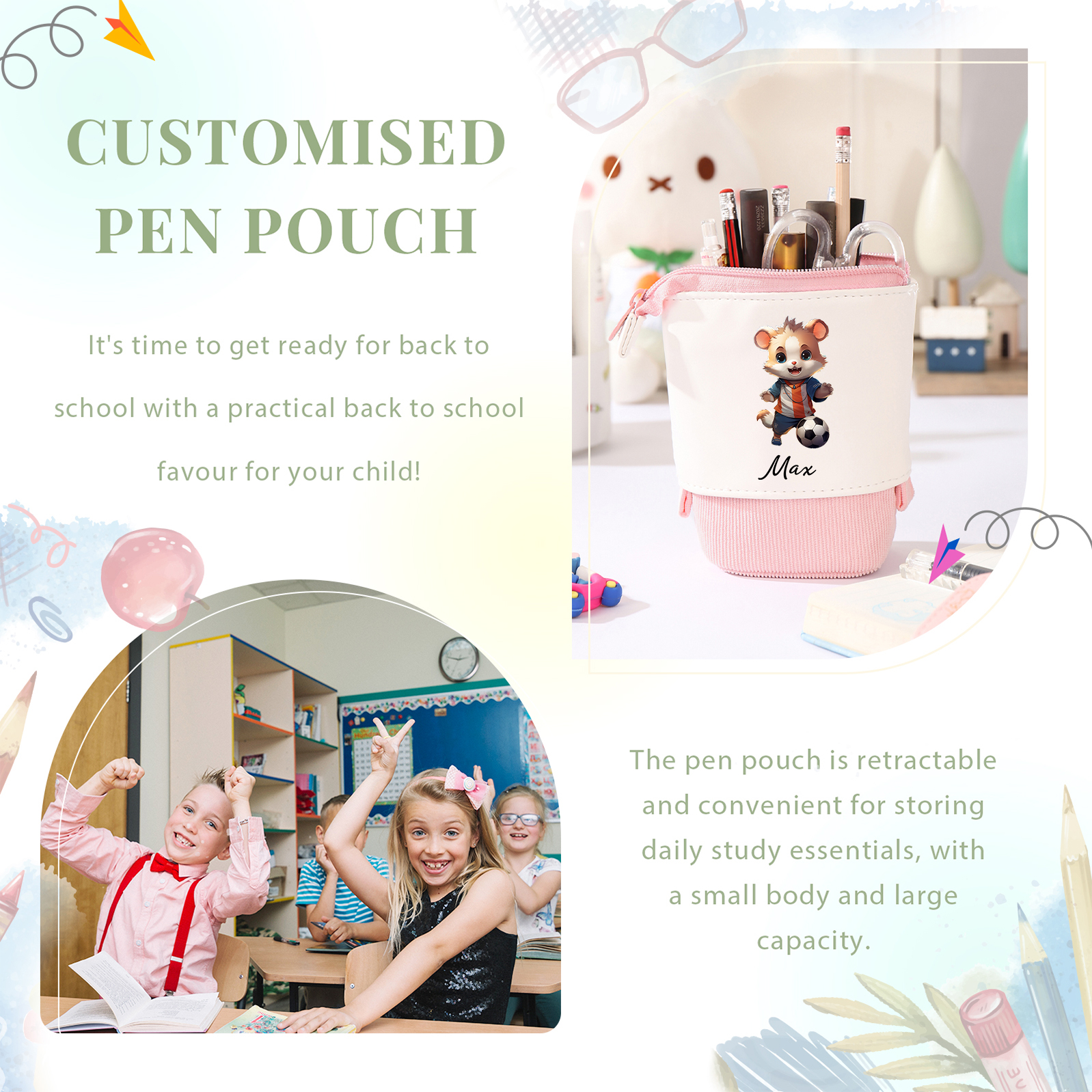 Estuche personalizado con nombre con diseños coloridos de fútbol para niños