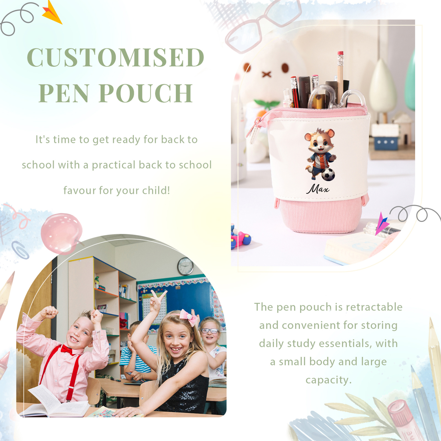 Estuche personalizado con nombre con diseños coloridos de fútbol para niños