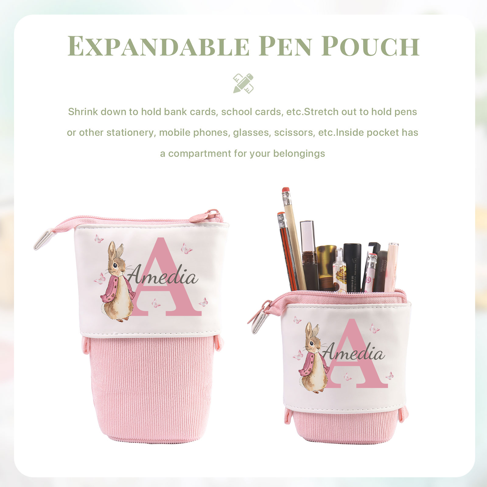 Estuche personalizado con nombre y letra con diseños coloridos para niños