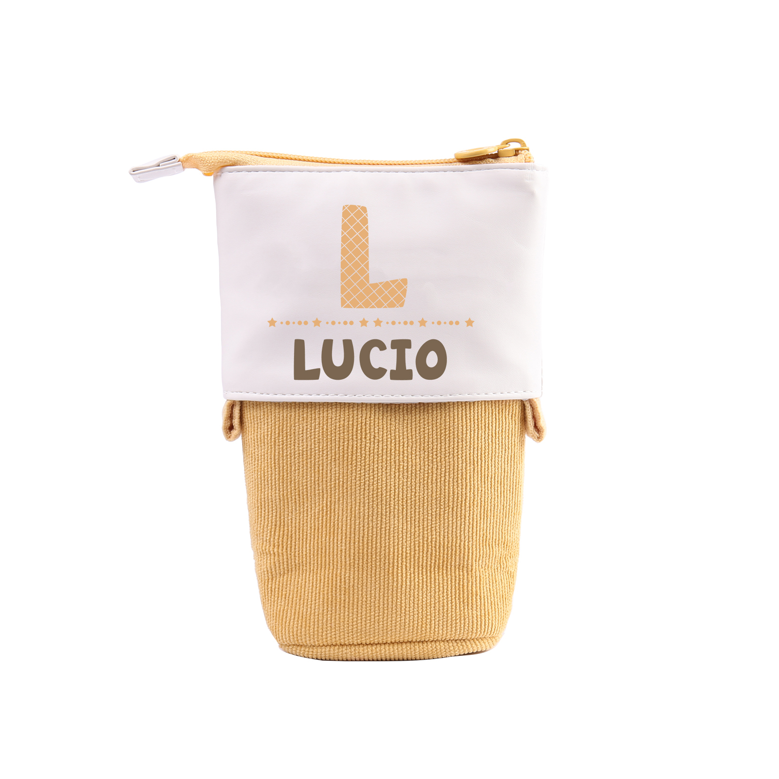 Estuche personalizado con nombre y letra con diseños coloridos para niños