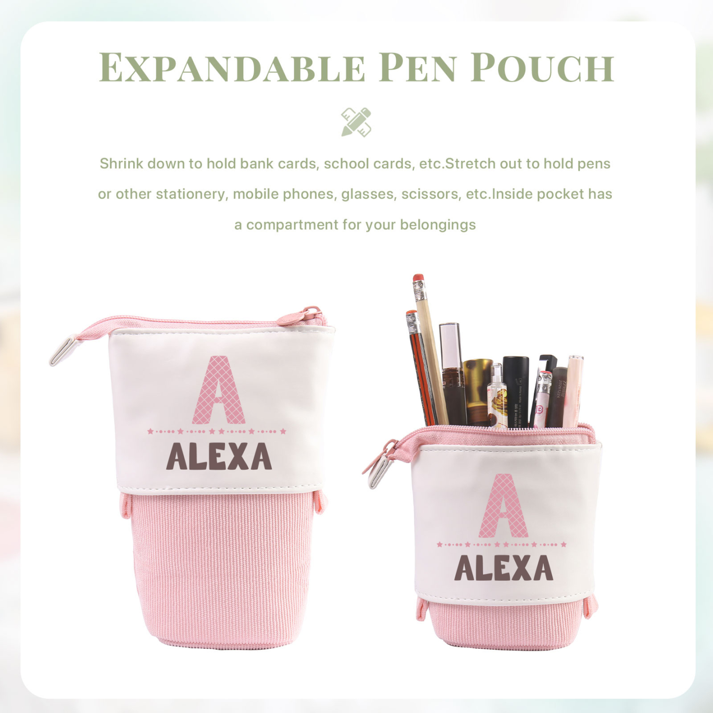 Estuche personalizado con nombre y letra con diseños coloridos para niños