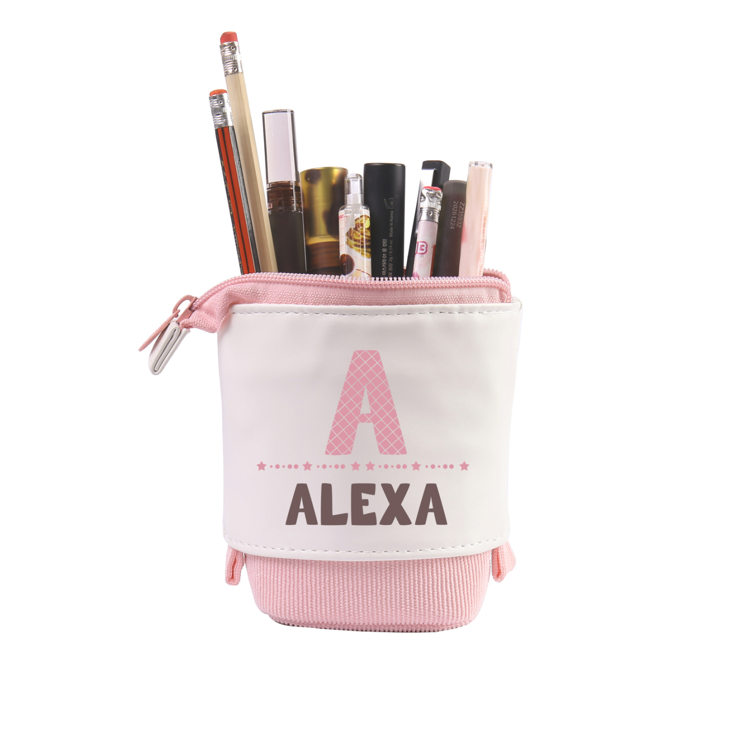 Estuche personalizado con nombre y letra con diseños coloridos para niños