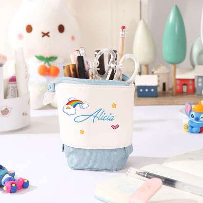 Estuche personalizado con nombre con diseños coloridos de iris y estrellas para niños
