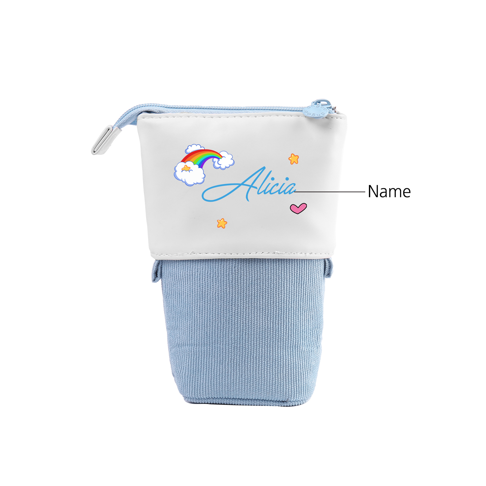Estuche personalizado con nombre con diseños coloridos de iris y estrellas para niños