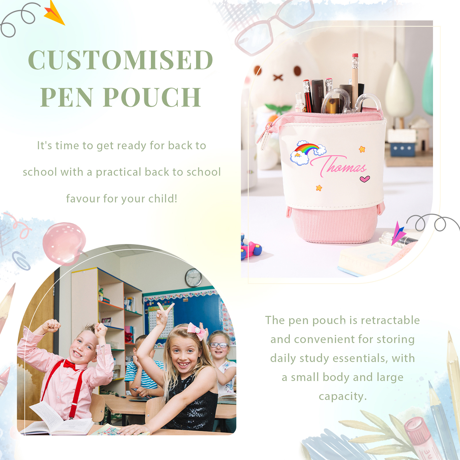 Estuche personalizado con nombre con diseños coloridos de iris y estrellas para niños