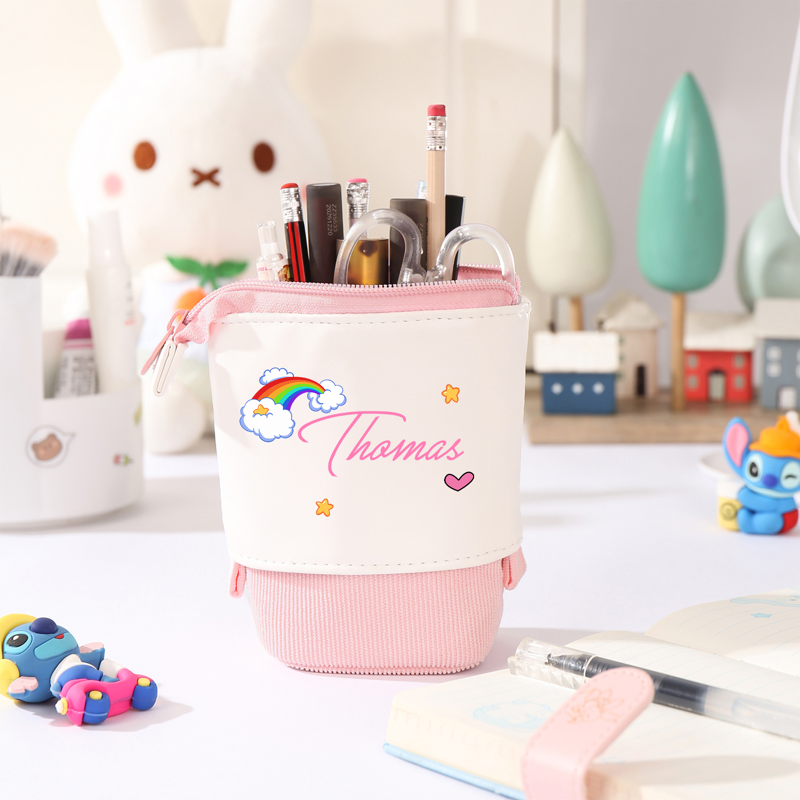 Estuche personalizado con nombre con diseños coloridos de iris y estrellas para niños