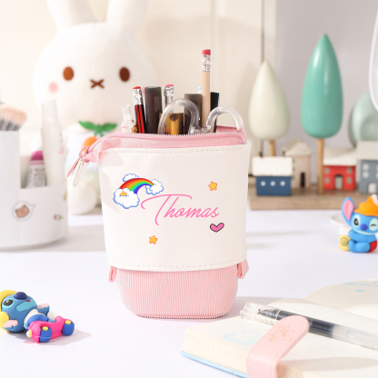 Estuche personalizado con nombre con diseños coloridos de iris y estrellas para niños
