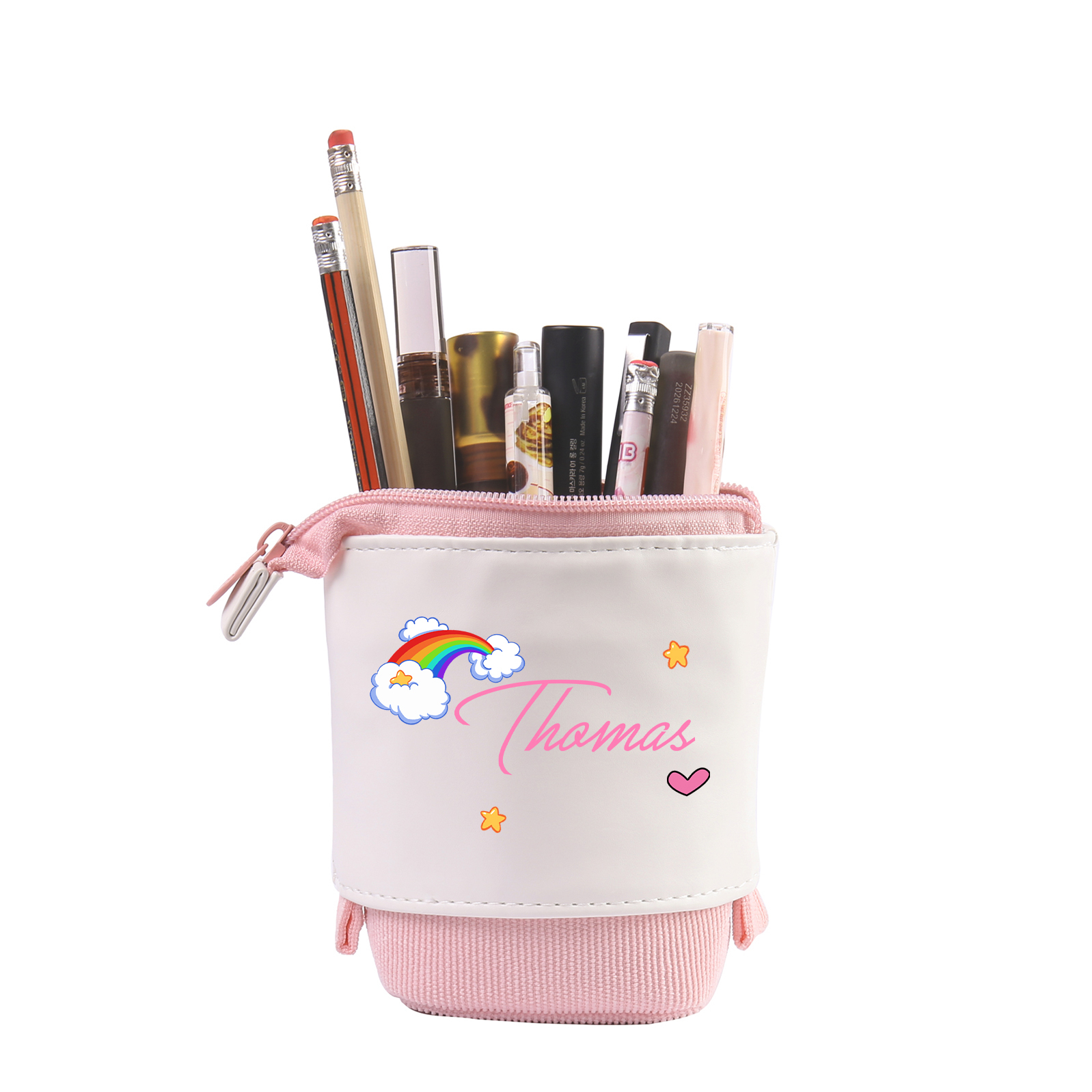 Estuche personalizado con nombre con diseños coloridos de iris y estrellas para niños