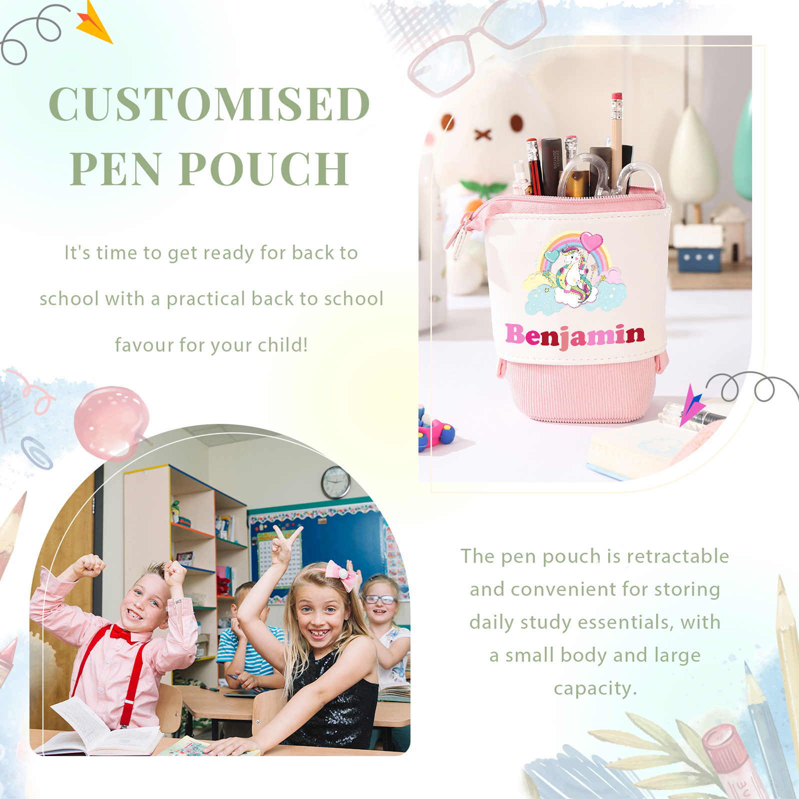 Estuche personalizado con nombre con diseños coloridos de animales para niños