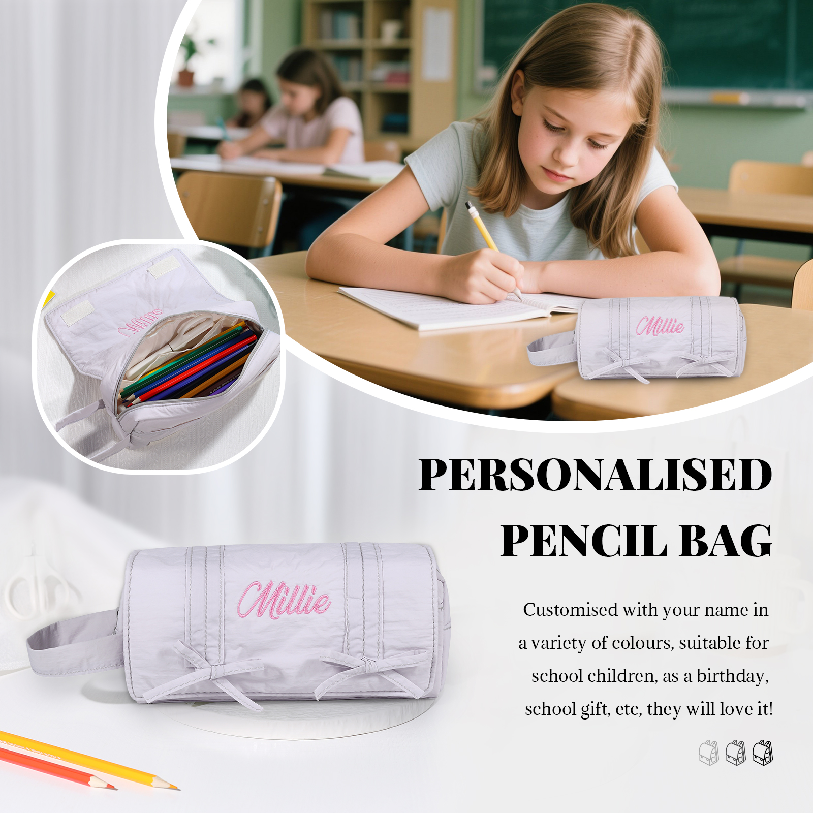 Estuche enrollable con lazos decorativos personalizado con 1 nombre bordado para niña | Jessemade