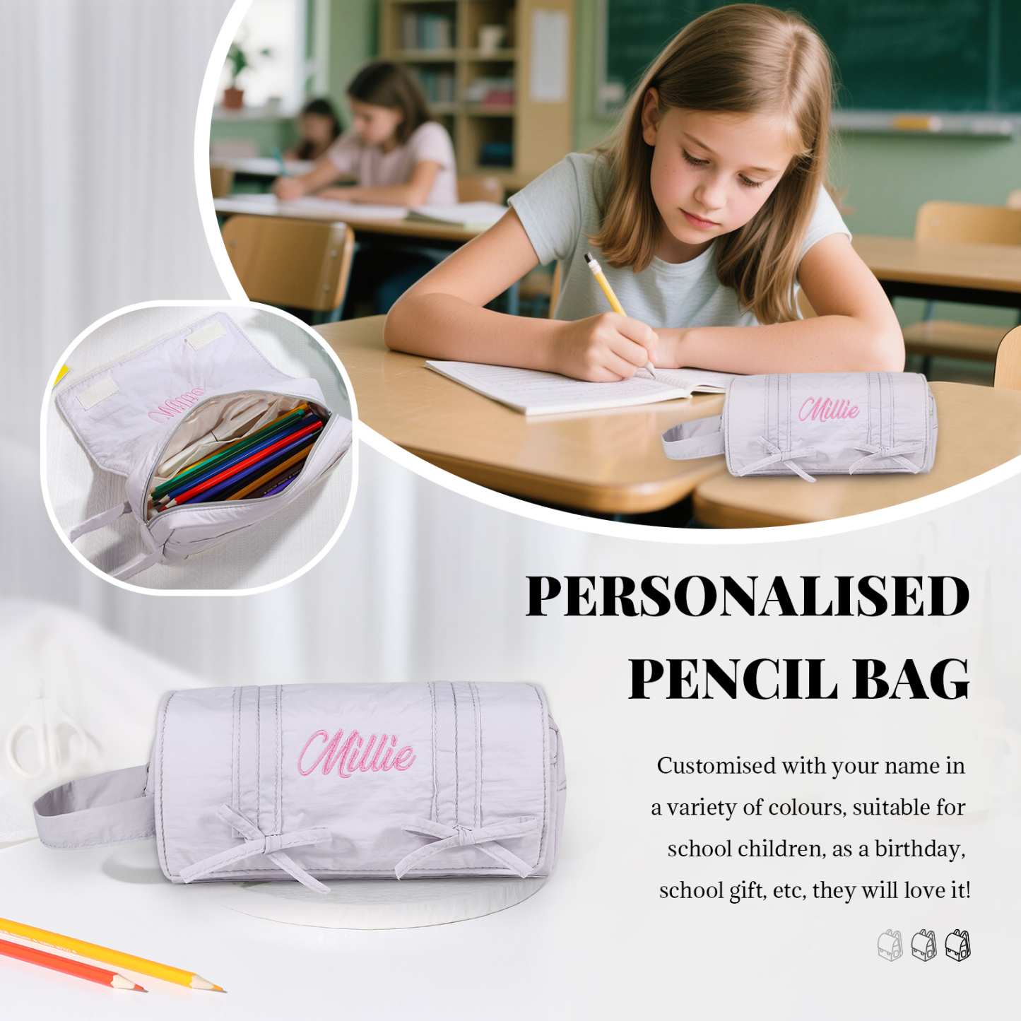 Estuche enrollable con lazos decorativos personalizado con 1 nombre bordado para niña | Jessemade