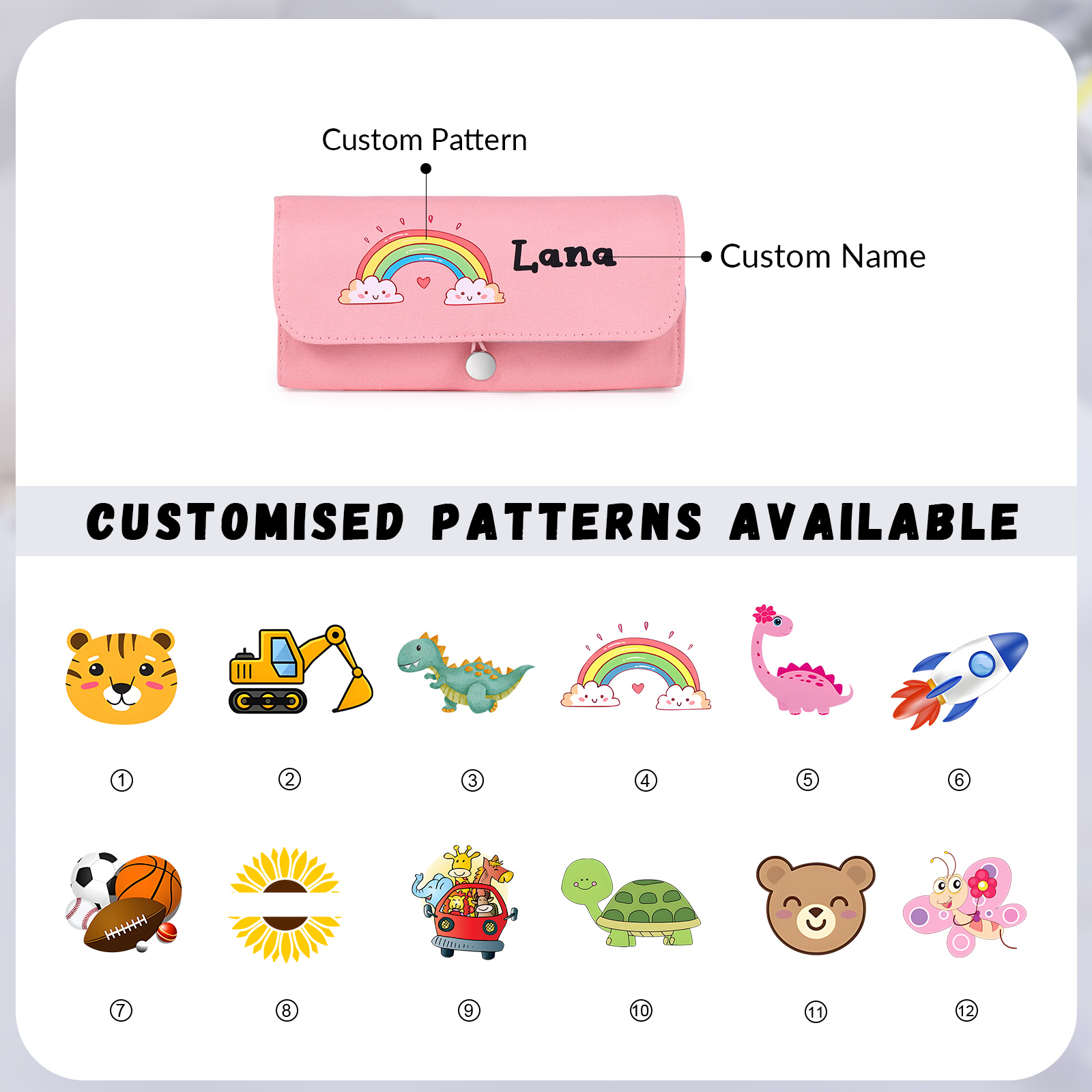 Estuche personalizado con 1 nombre con diseño colorido seleccionado para niños | Jessemade