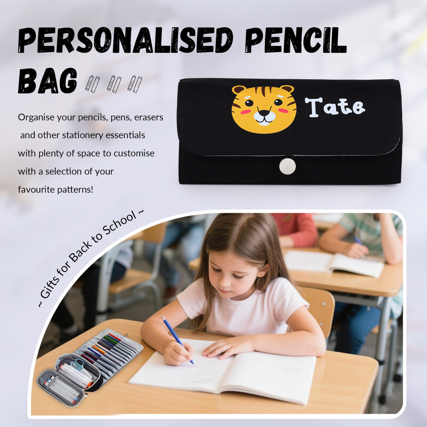 Estuche personalizado con 1 nombre con diseño colorido seleccionado para niños | Jessemade