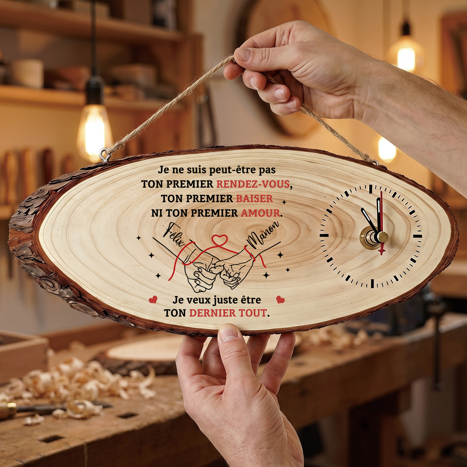 Reloj de Madera Personalizado para Pareja de la Mano con 2 Nombres