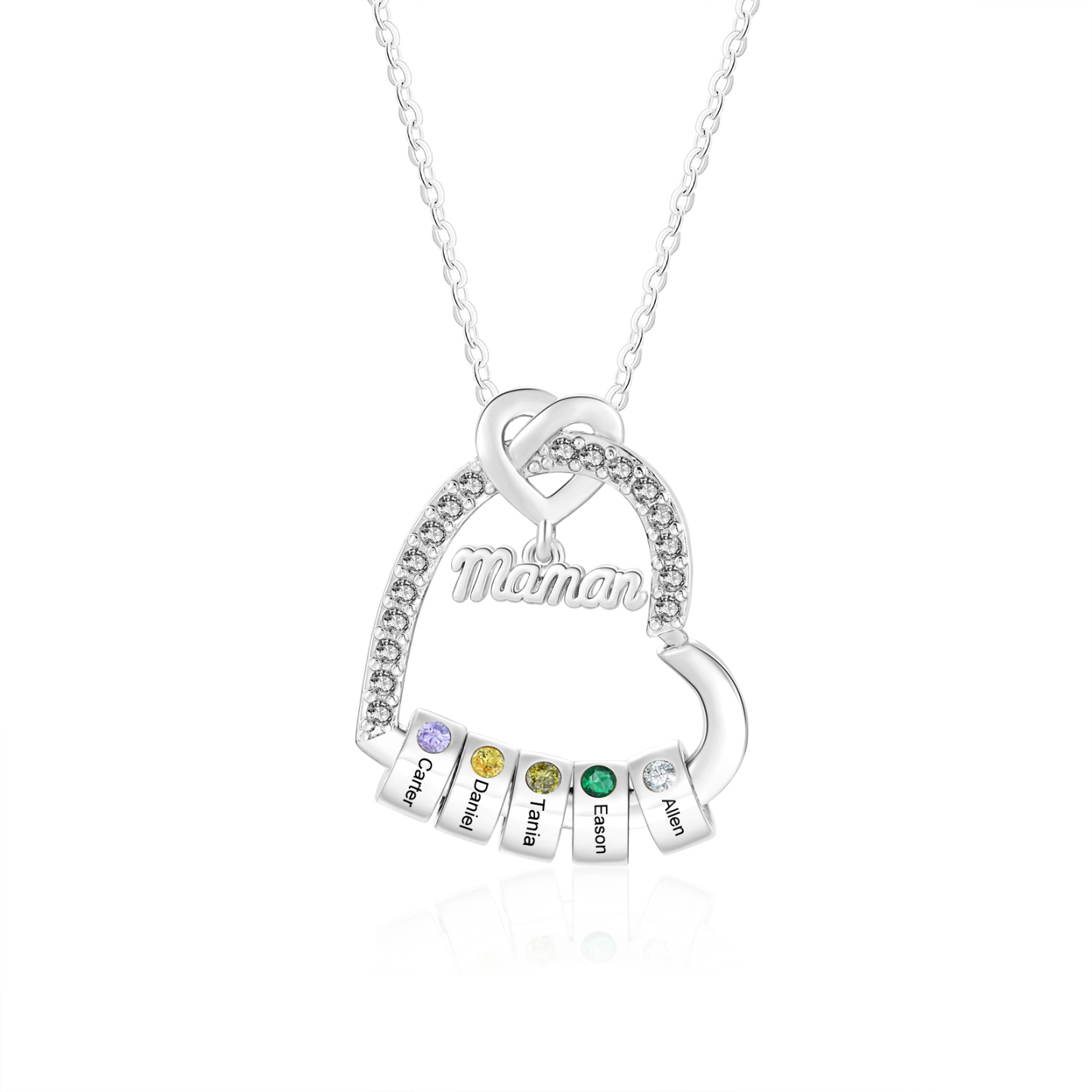 Collar de corazón personalizado para mamá con piedra de nacimiento y de 1 a 5 nombres