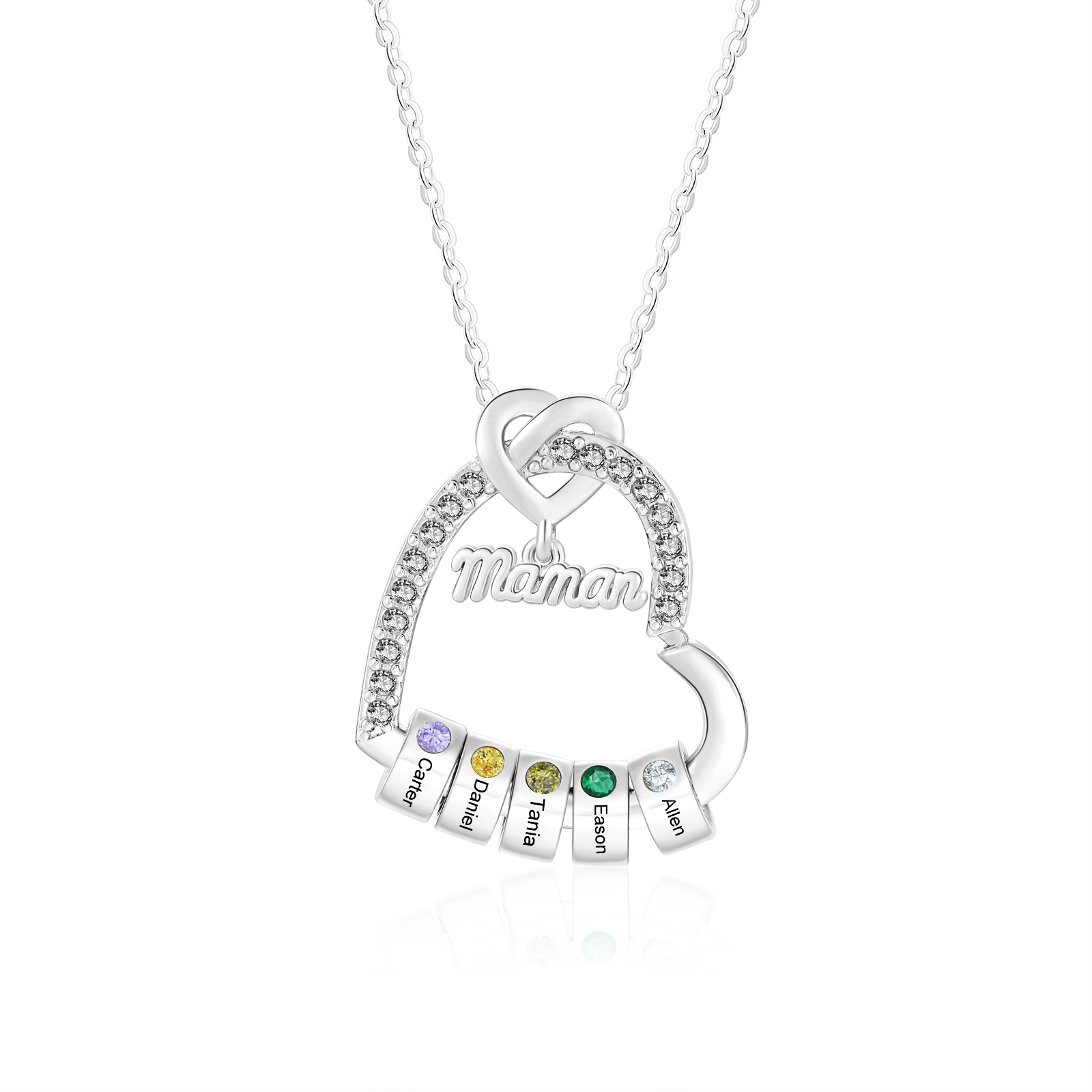 Collar de corazón personalizado para mamá con piedra de nacimiento y de 1 a 5 nombres
