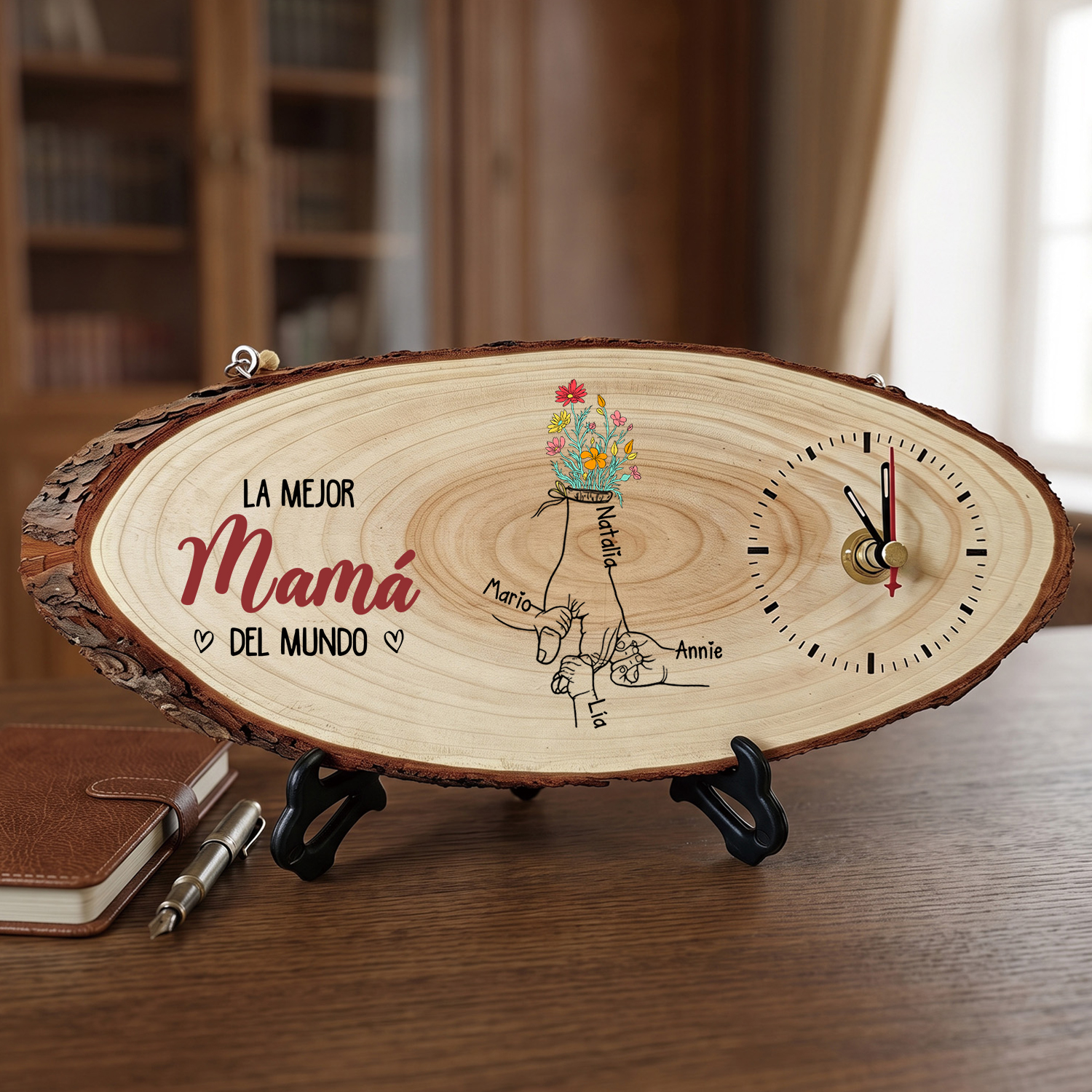 Reloj de Madera Personalizado « La Mejor Mamá/Abuela del Mundo » con 1 a 6 Nombres