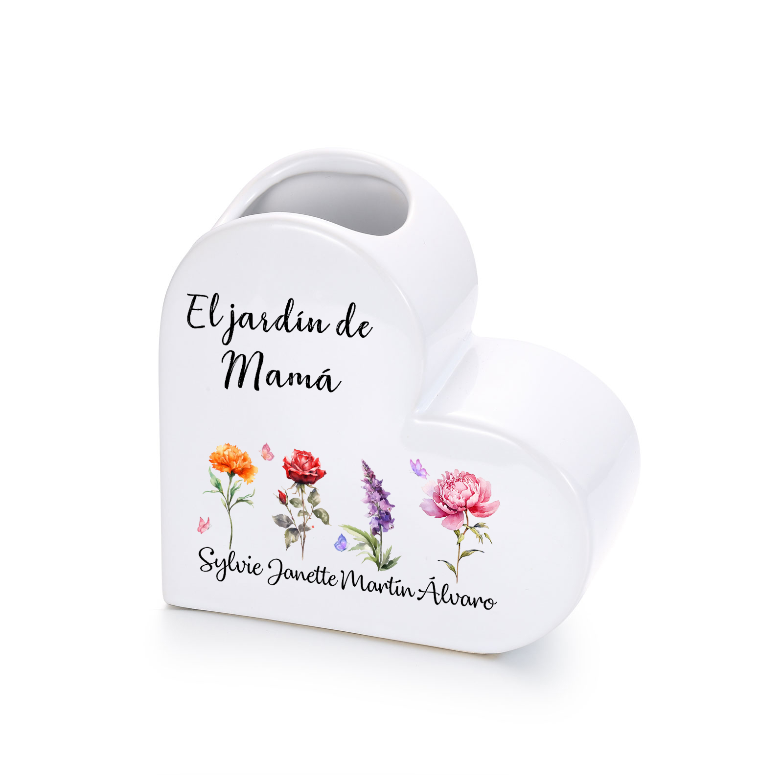 Jarrón de cerámica en forma de corazón personalizado con 1 a 12 flores de nacimiento y nombres de niños