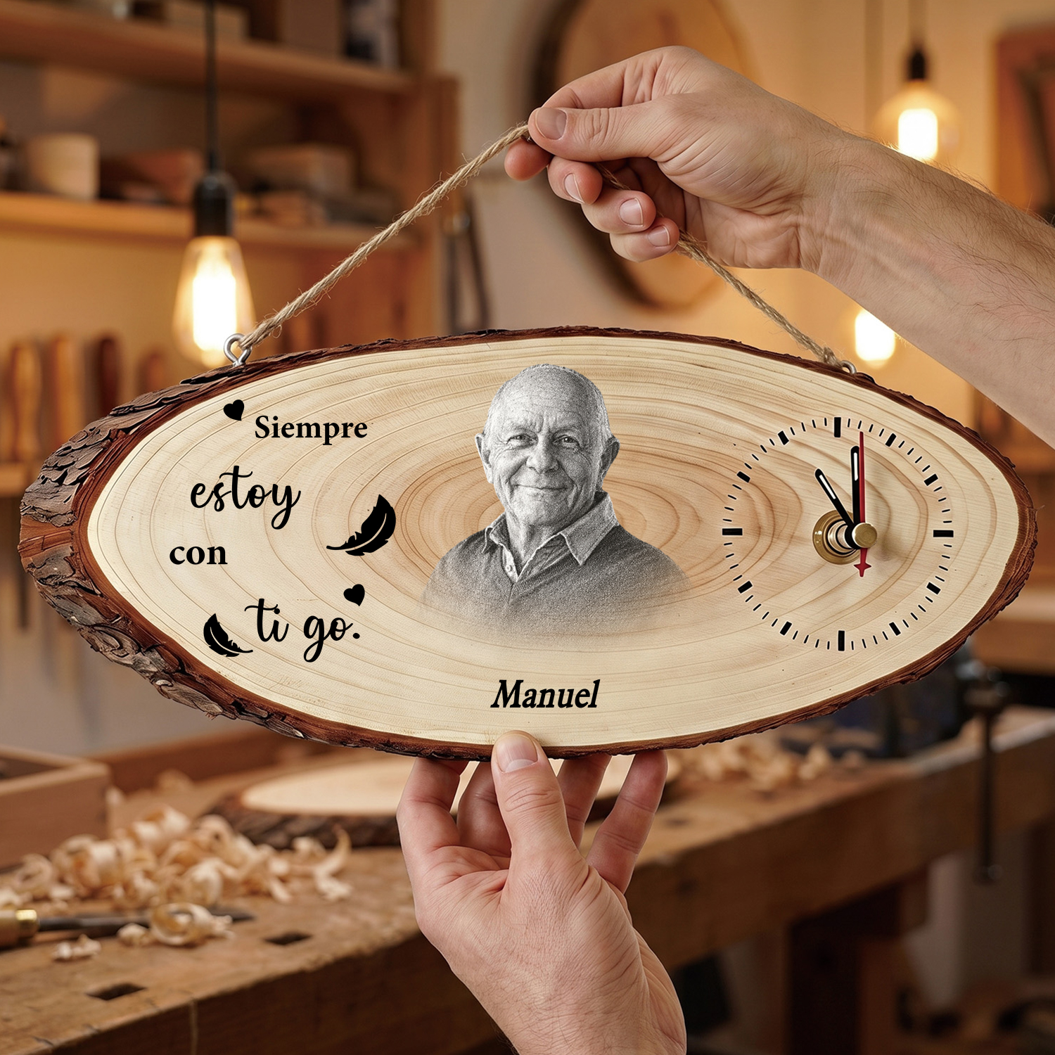 Reloj de Madera Personalizado de Recuerdo con Foto y Nombre – Regalo Conmemorativo para la Familia