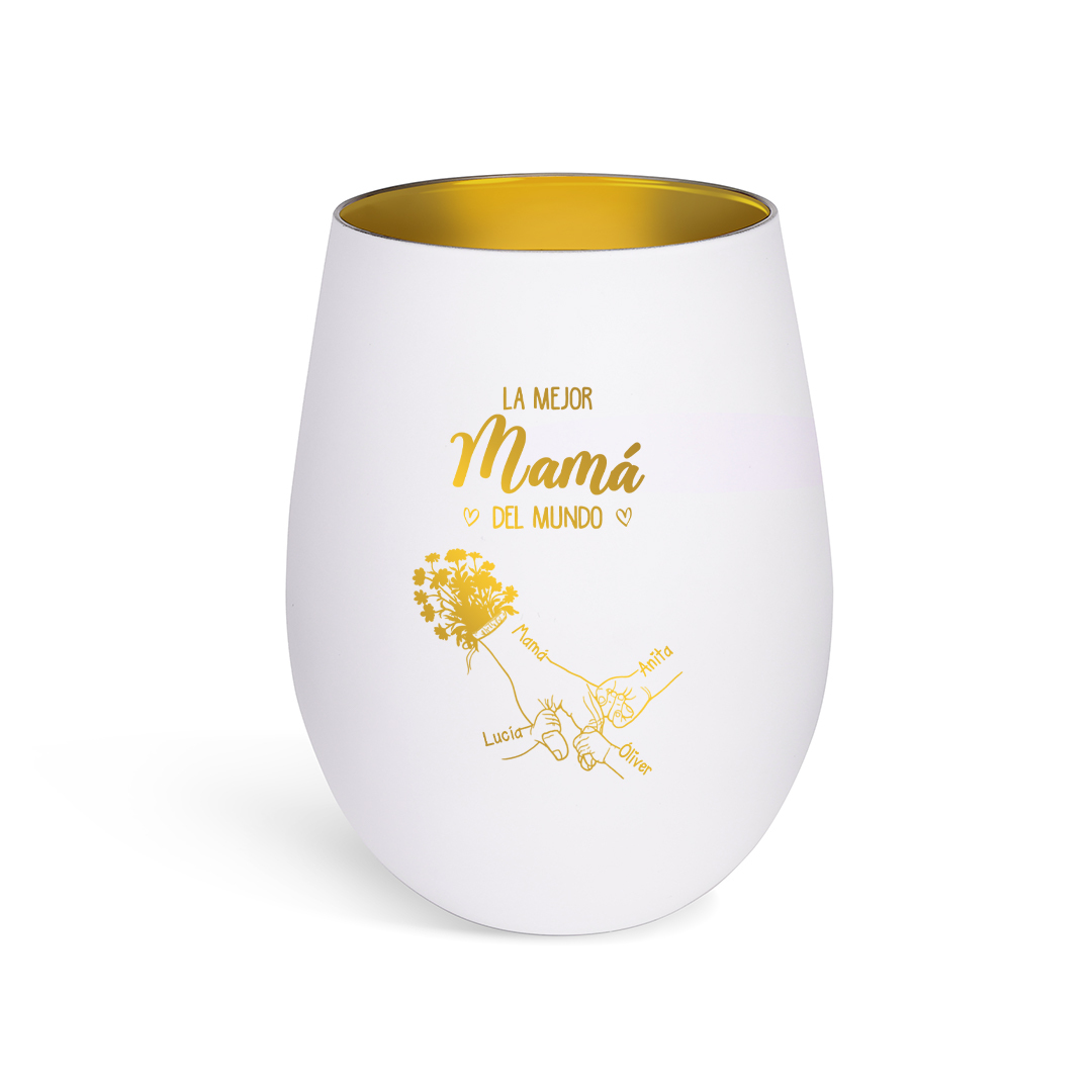 Portavelas de cristal personalizado con mano sujetándolo, personalizable con 2–7 nombres, la mejor mamá del mundo