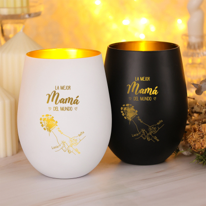 Portavelas de cristal personalizado con mano sujetándolo, personalizable con 2–7 nombres, la mejor mamá del mundo