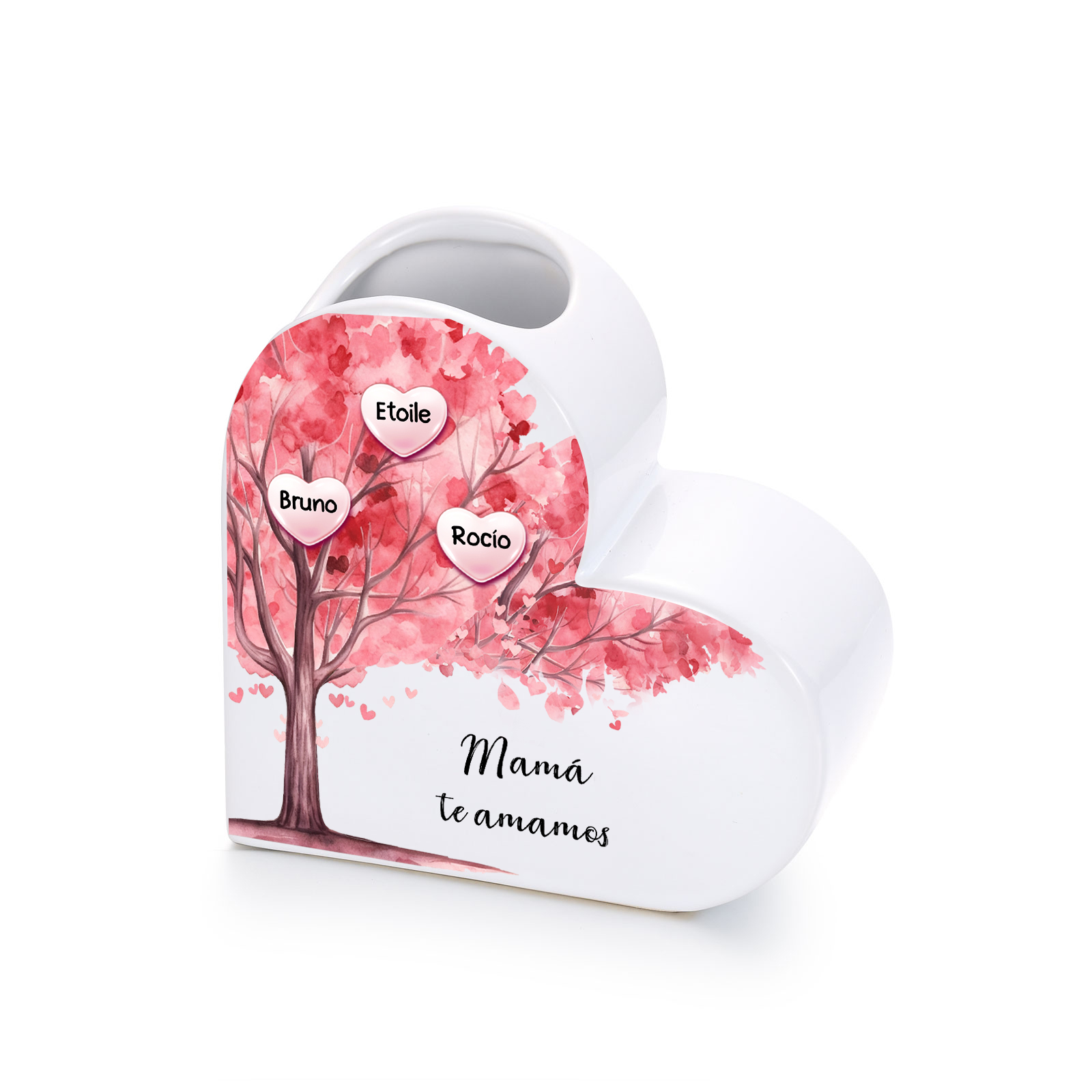 Jarrón de cerámica con forma de corazón personalizado con diseño de árbol genealógico, personalizable con 1 a 12 nombres de pila