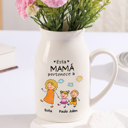 Jarrón de flores de cerámica personalizado con asa, diseño infantil de dibujos animados, personalizado con 1 a 8 nombres y adorables personajes infantiles, regalo del Día de la Madre o de cumpleaños para mamá, esposa, abuela | Jessemade
