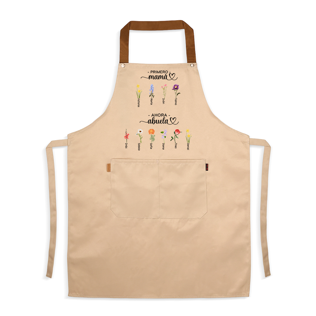 Delantal personalizado «Primero mamá, ahora abuela», personalizado con 2-16 nombres y flores de nacimiento