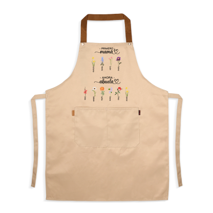 Delantal personalizado «Primero mamá, ahora abuela», personalizado con 2-16 nombres y flores de nacimiento