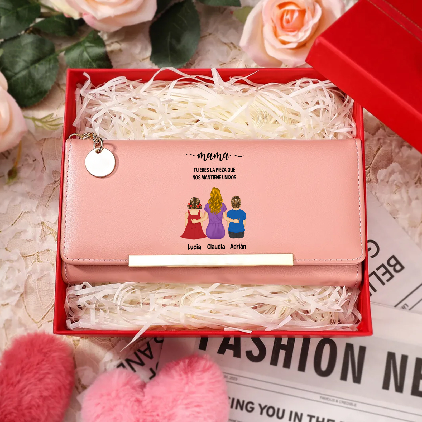Cartera de cuero personalizada para mamá con 1–6 figuras de niños y nombres