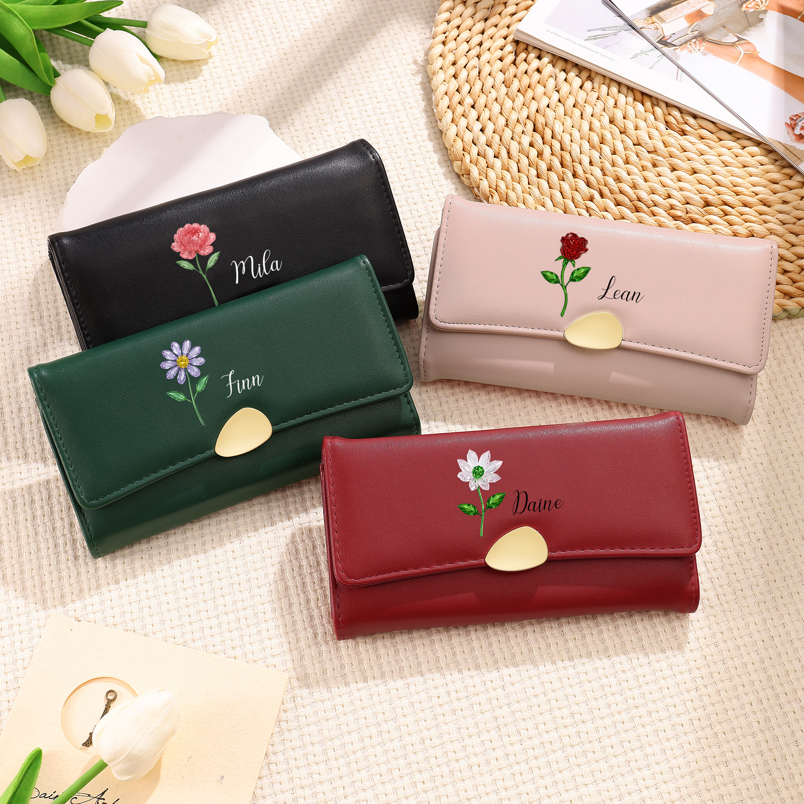Cartera larga de piel para mujer personalizada, hecha a medida con flor de nacimiento y nombre