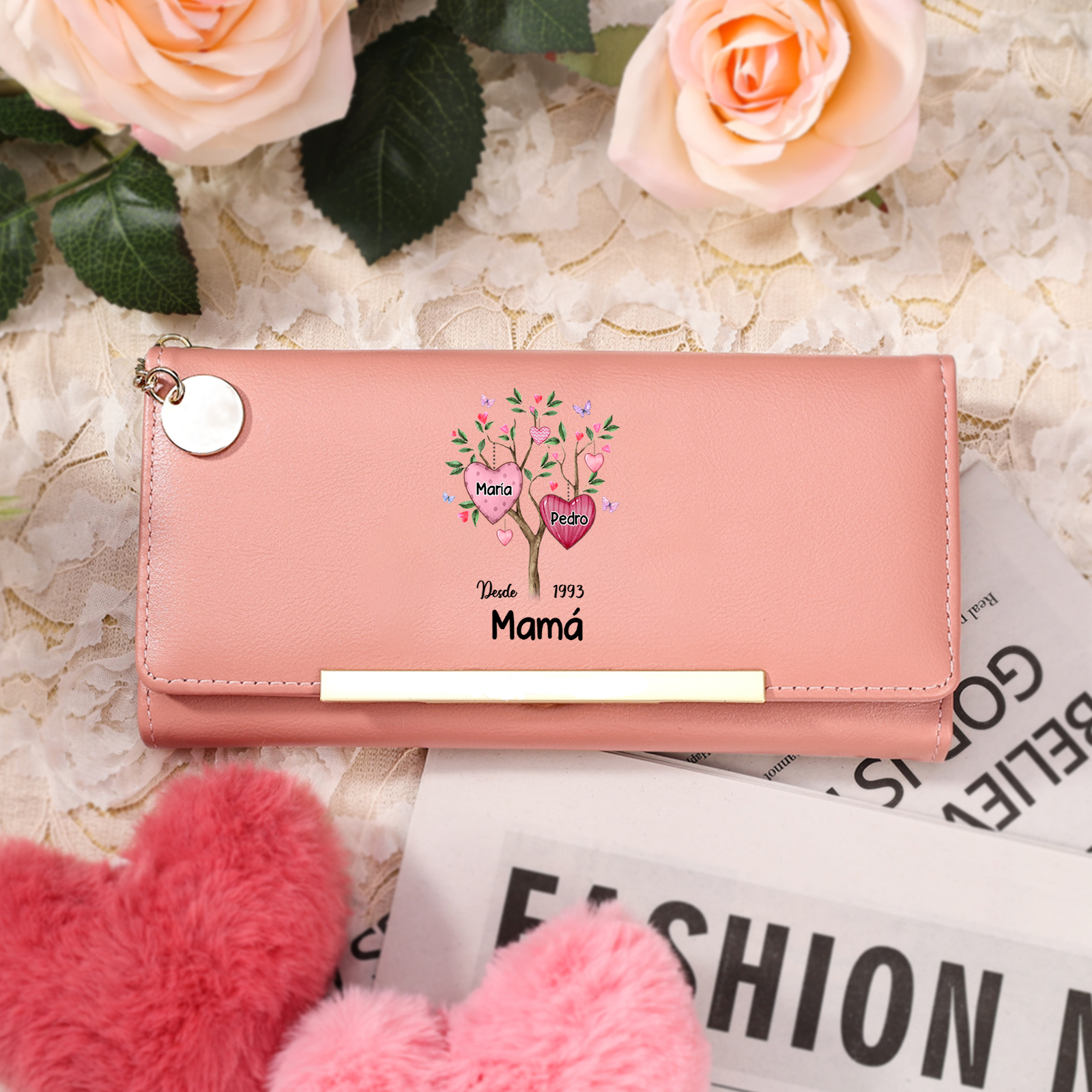 Cartera personalizada para mujer con diseño de árbol genealógico en forma de corazón con 2–8 nombres