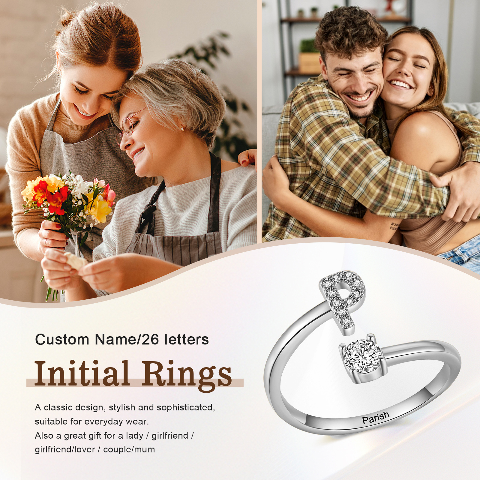 Anillo plateado de letra personalizado con 1 nombre anillo ajustable para mujer | Jessemade