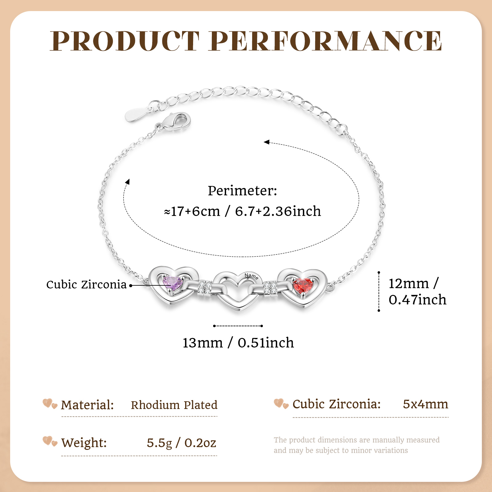 Pulsera de corazones enlazados con piedra de nacimiento y 1-4 Nombres personalizables