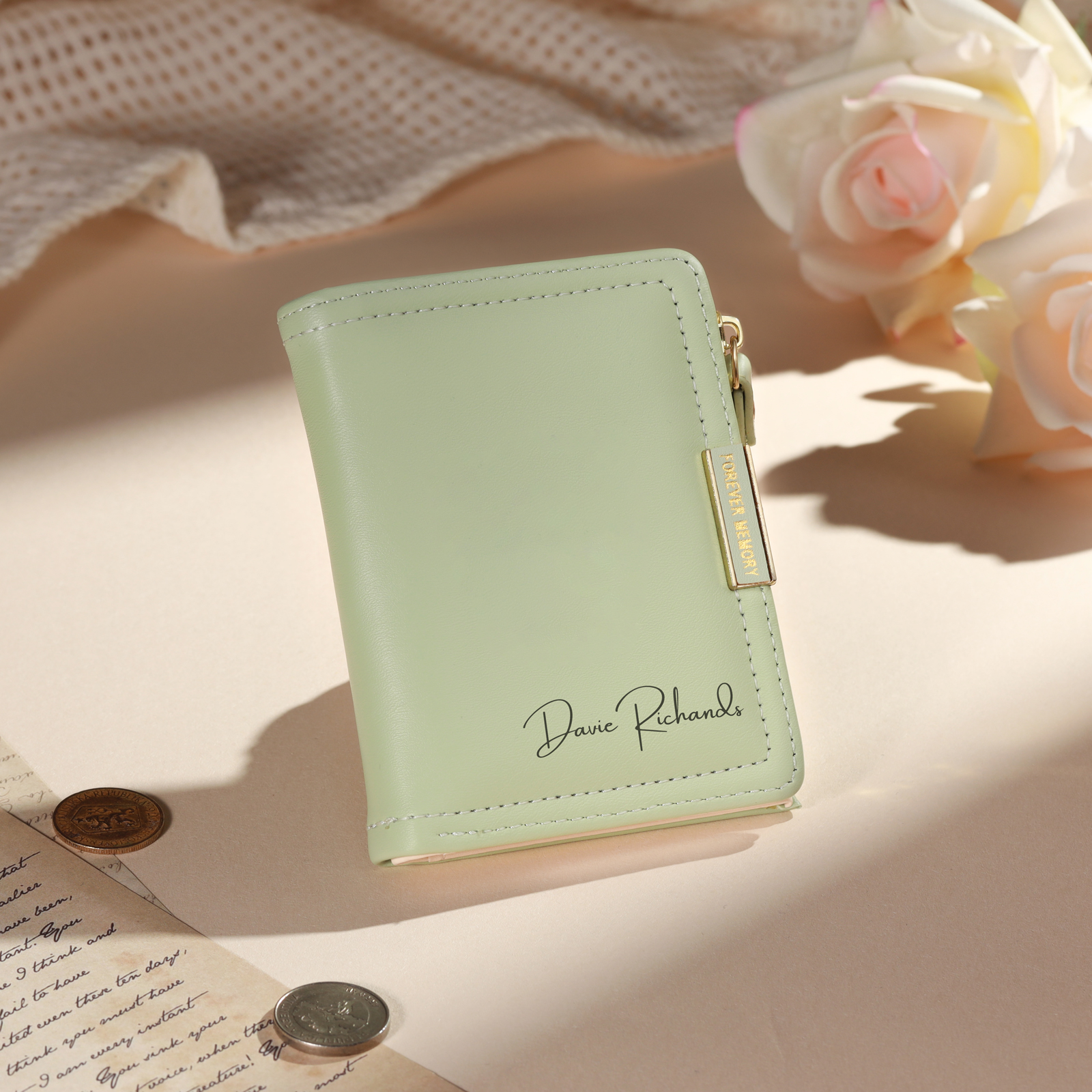 Cartera personalizada de cuero con cremallera, personalizada con foto y nombre grabado