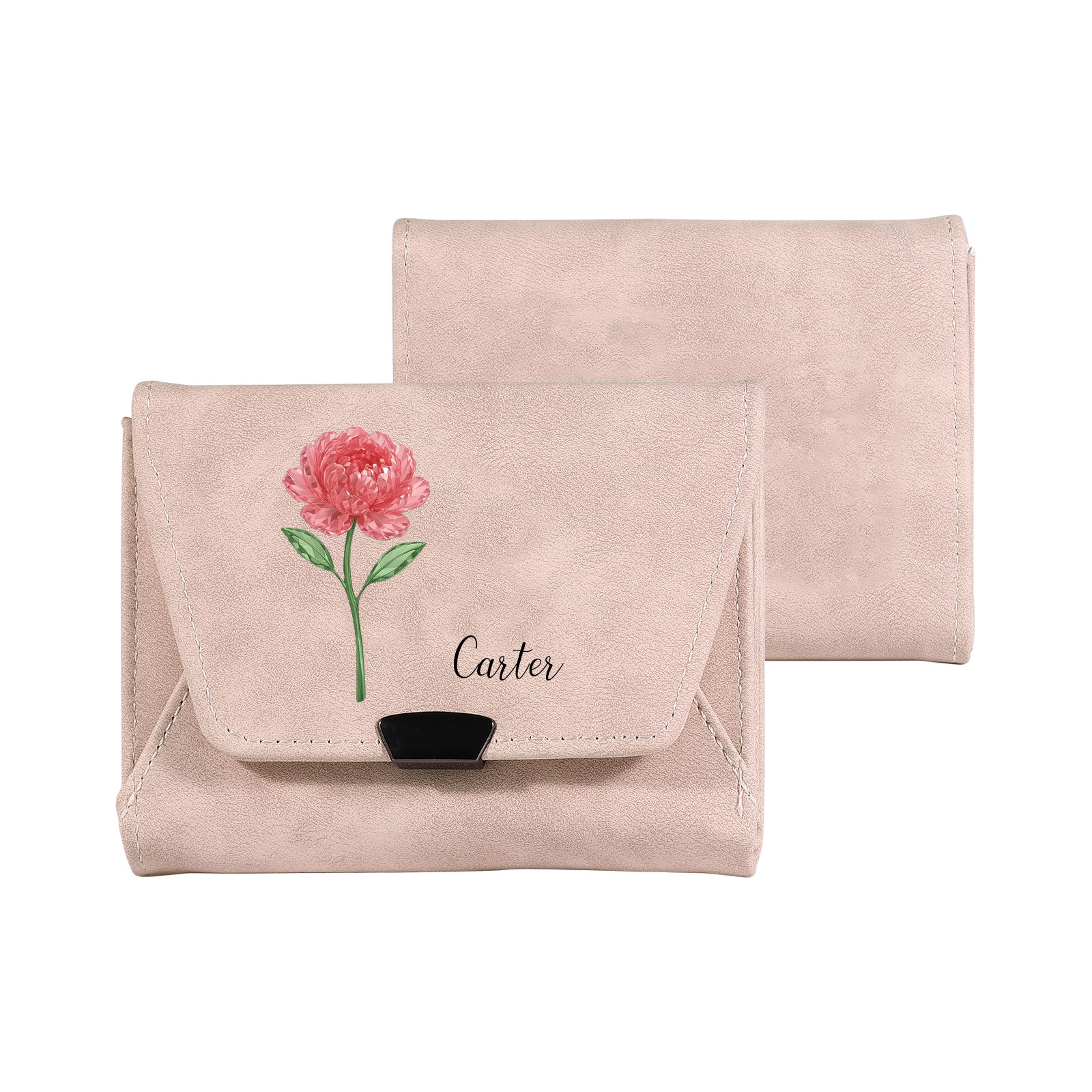 Cartera de cuero personalizada para mujer con flor de nacimiento y nombre
