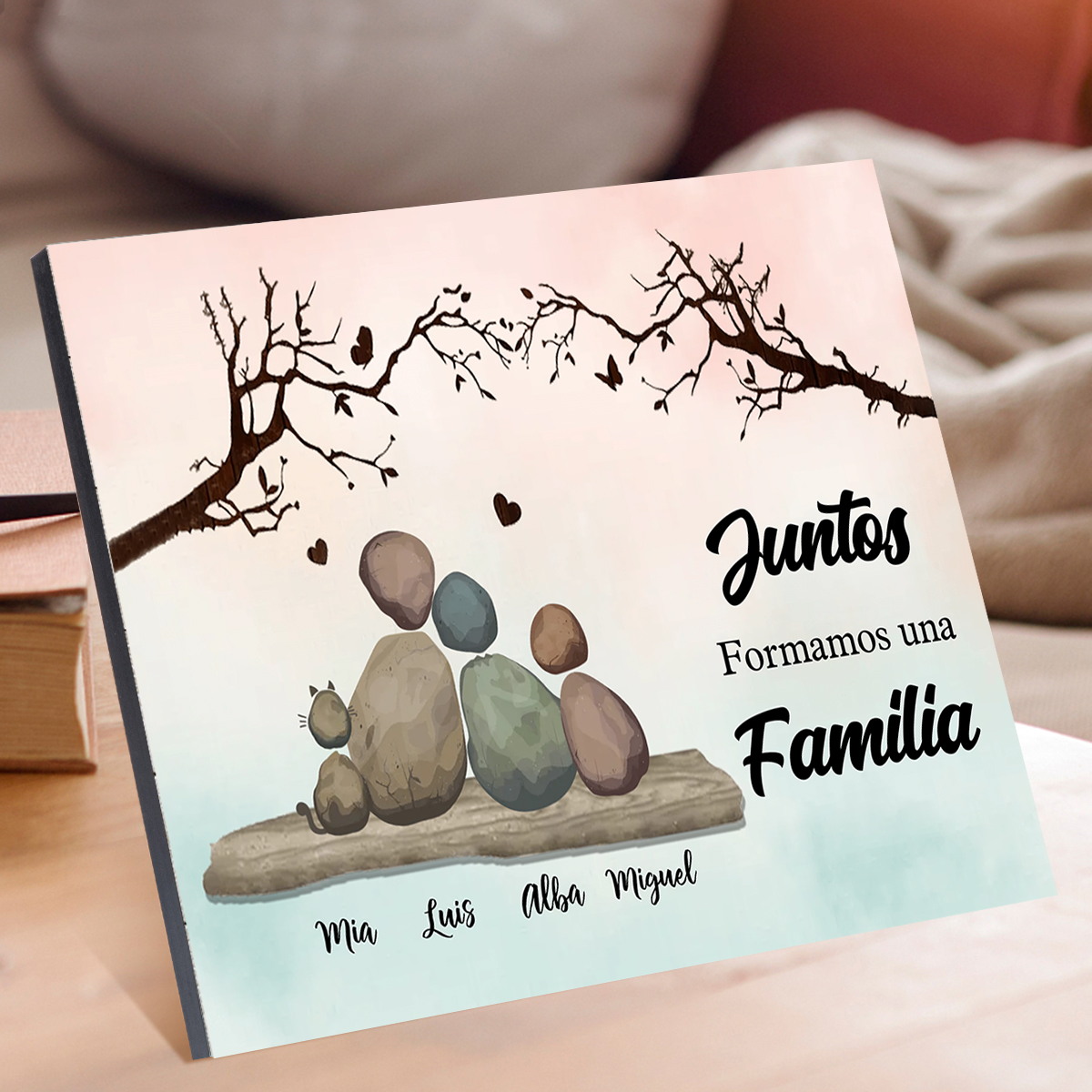 Lámina de madera Personalizado Familia de Guijarros con Nombres para Pareja o Familia – «Juntos formamos una familia»