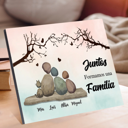 Lámina de madera Personalizado Familia de Guijarros con Nombres para Pareja o Familia – «Juntos formamos una familia»