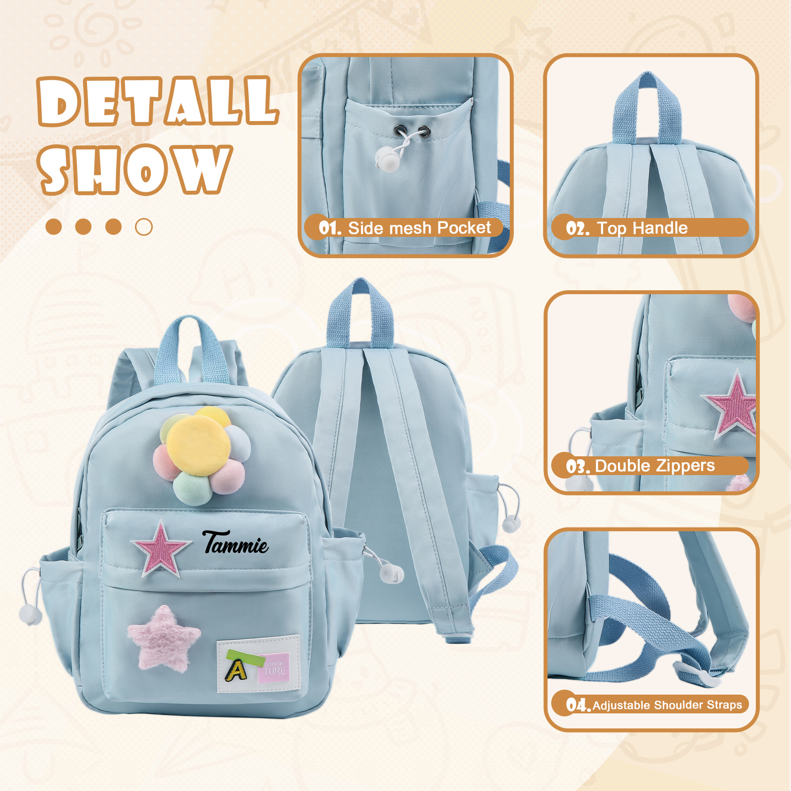 Mochilas escolares para niños con sol y estrellas - con nombre personalizado impreso