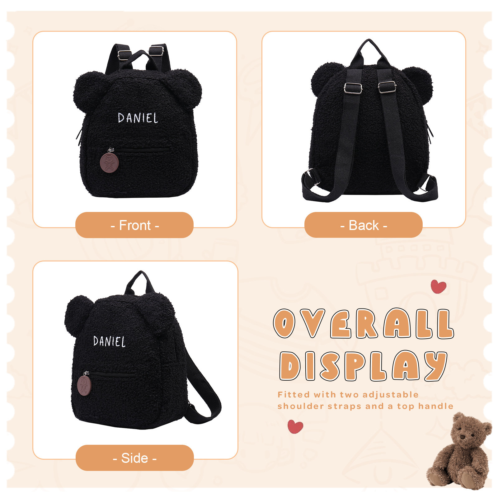 Mochilas escolares "oso" para los niños con nombre personalizado