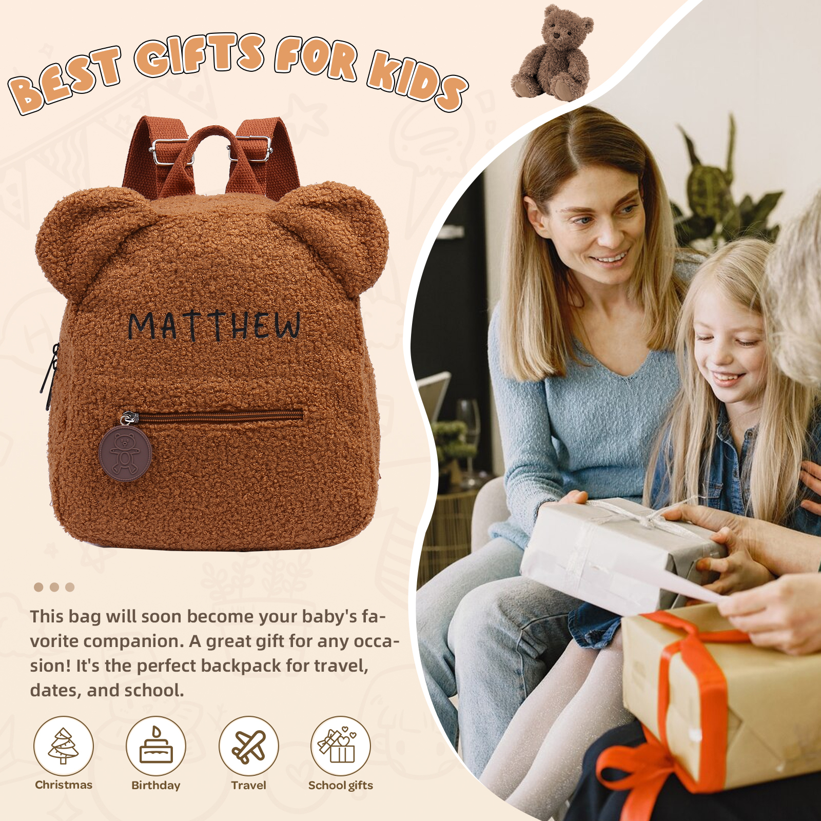 Mochilas escolares "oso" para los niños con nombre personalizado