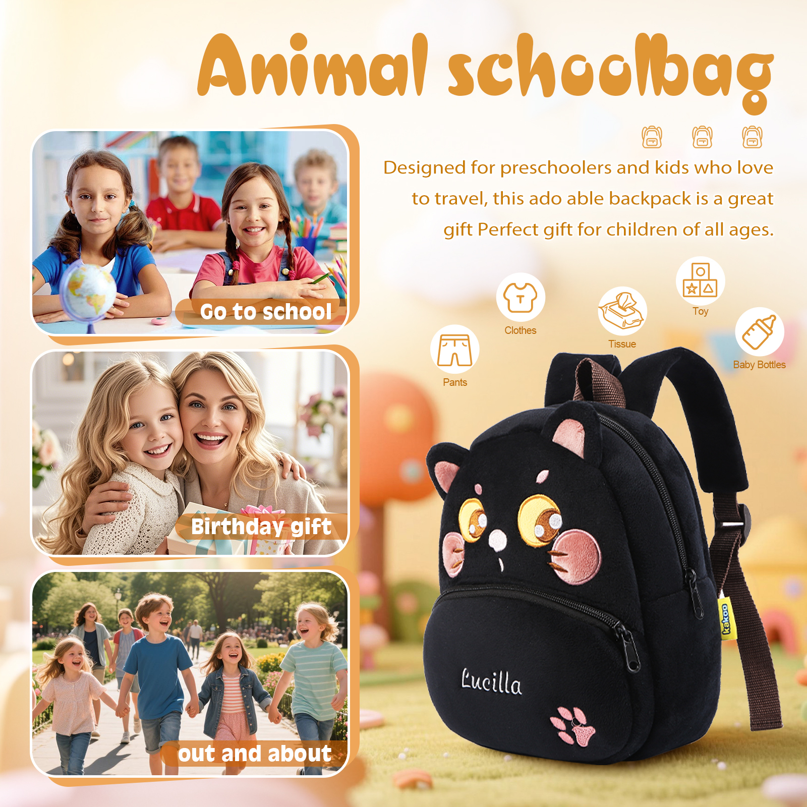 Mochilas escolares para los niños con animal 1 nombre bordado personalizado | Jessemade