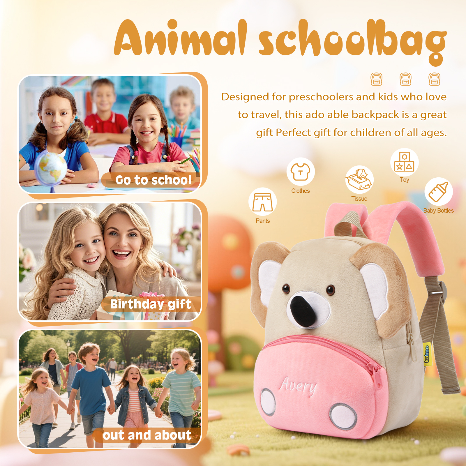 Mochilas escolares para los niños con animal 1 nombre bordado personalizado | Jessemade