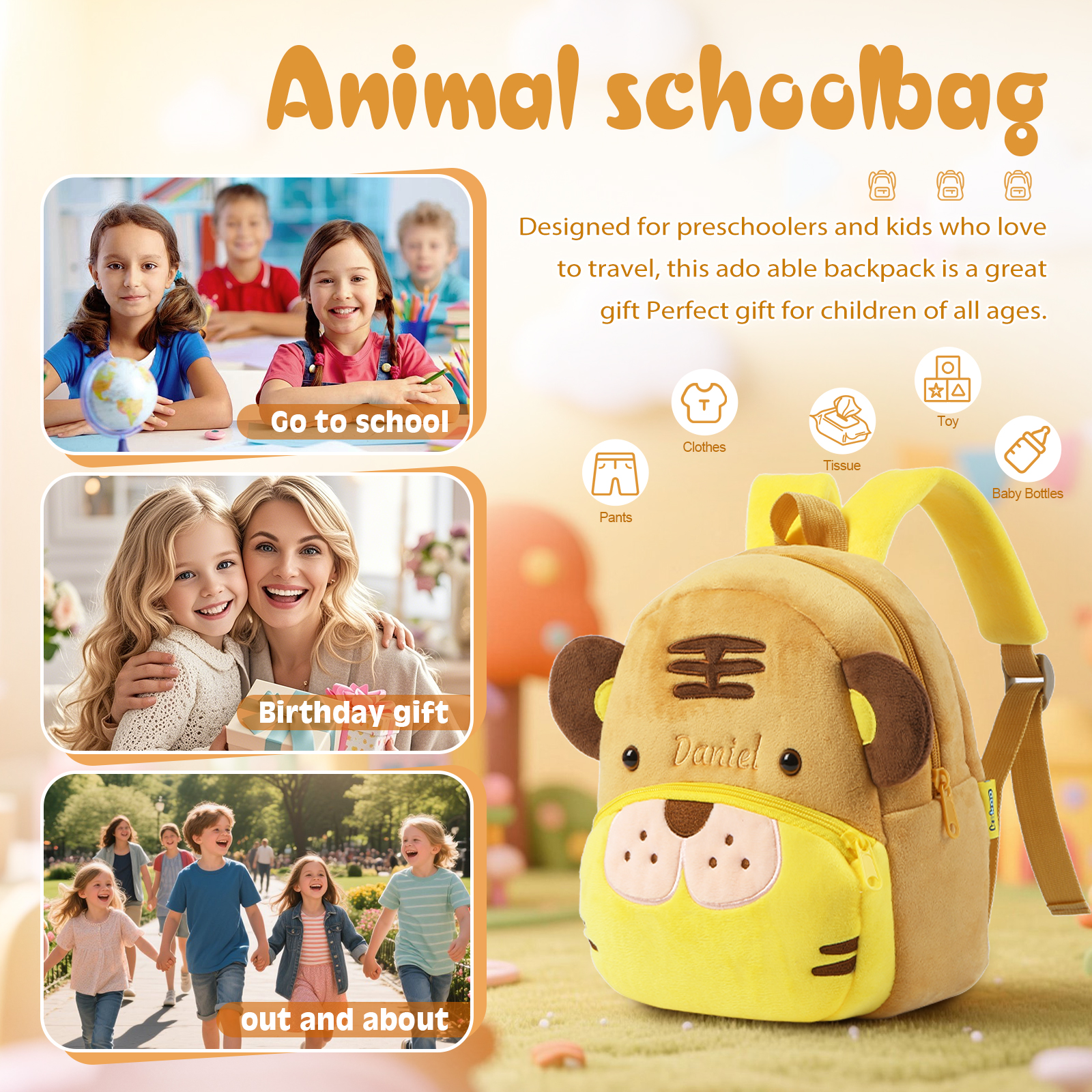 Mochilas escolares para los niños con animal 1 nombre bordado personalizado | Jessemade