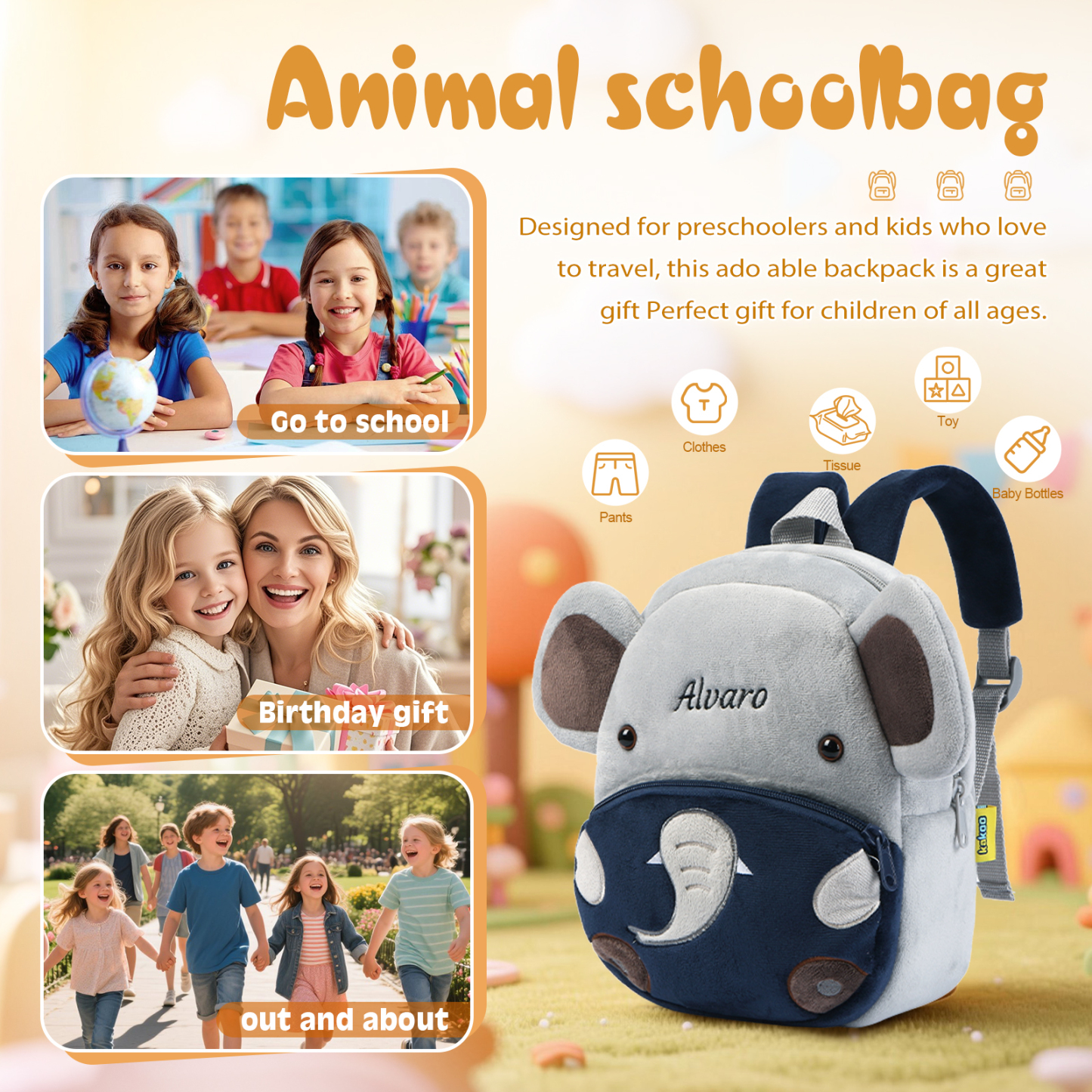 Mochilas escolares para los niños con animal 1 nombre bordado personalizado | Jessemade