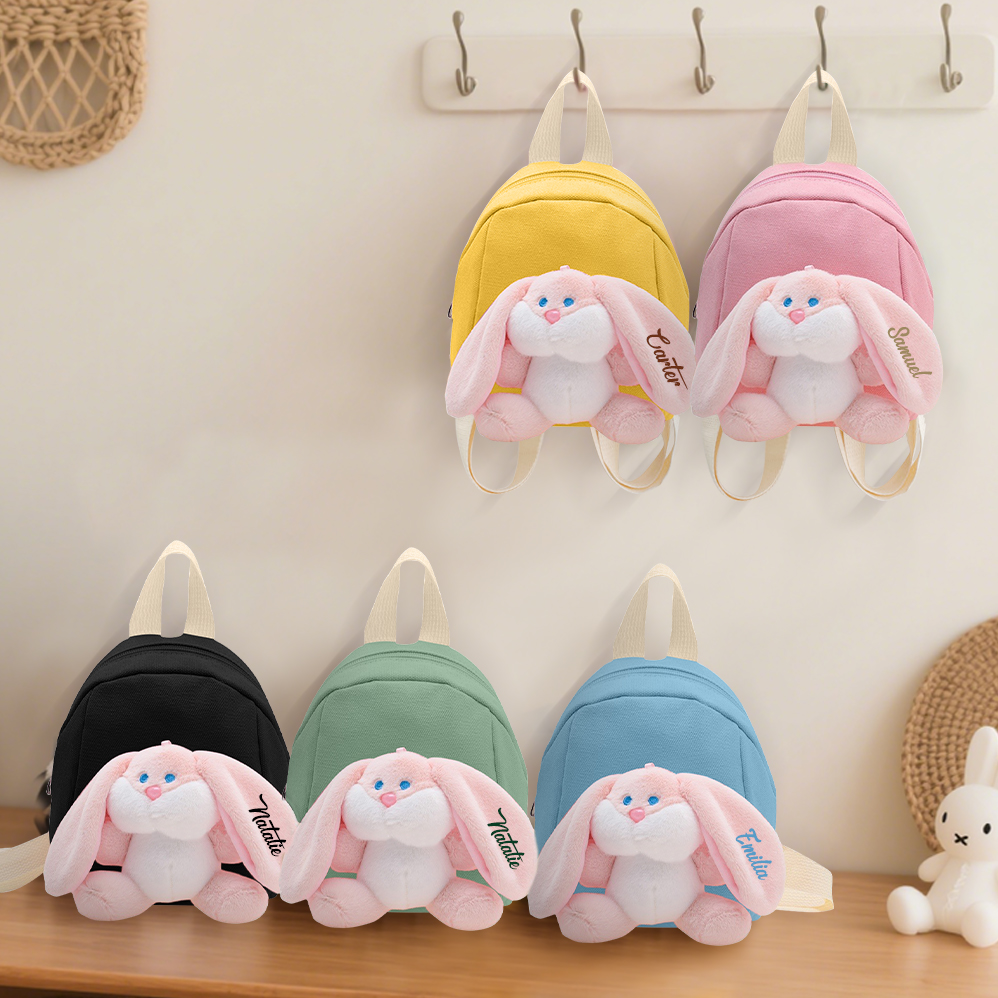 Mochilas escolares para los niños con un peluche de conejito 1 nombre bordado personalizado | Jessemade