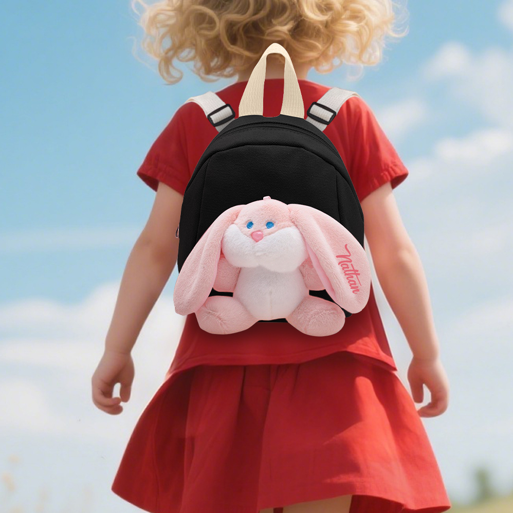 Mochilas escolares para los niños con un peluche de conejito 1 nombre bordado personalizado | Jessemade